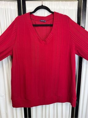 Comfortable V-Neck Ribbed Sweater in Red by Sampeel
